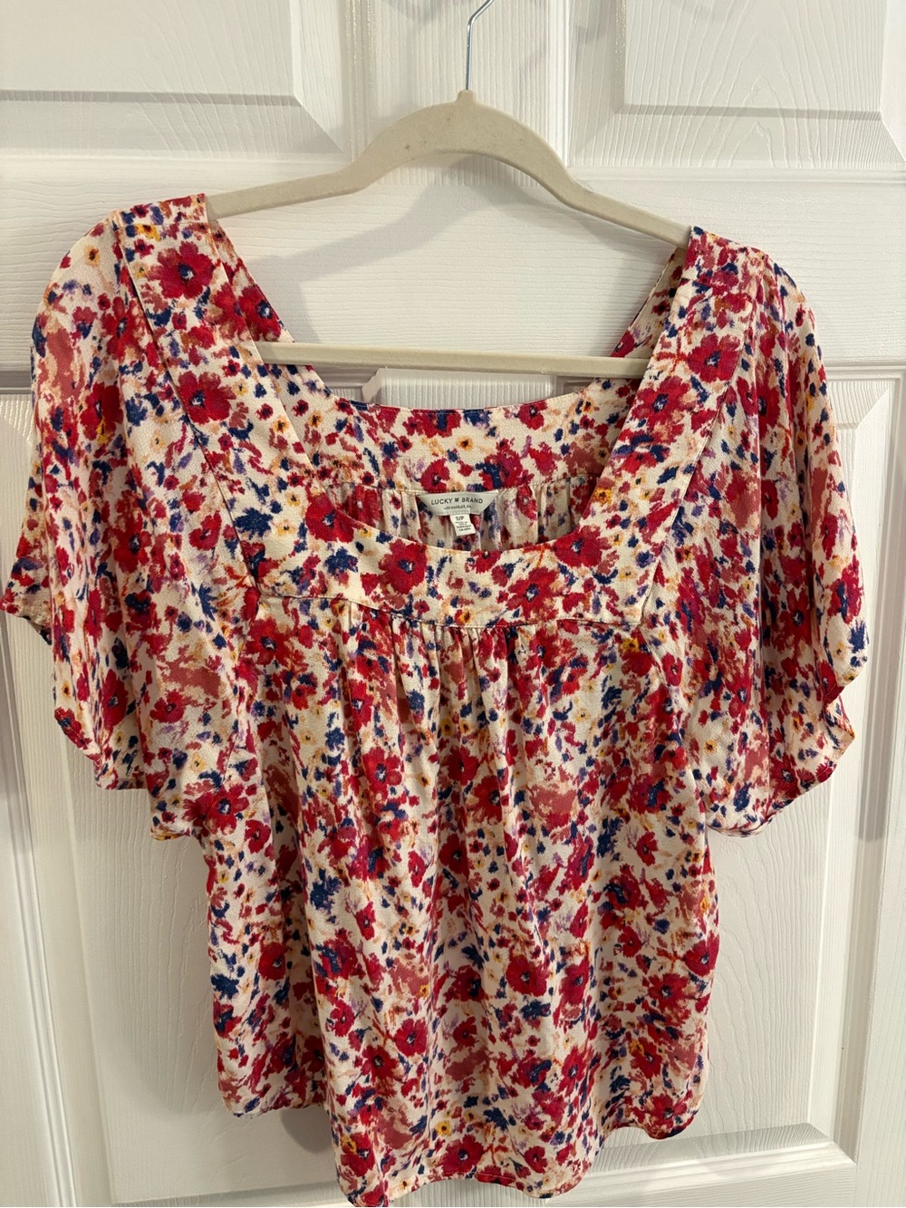 Lucky Brand Red and Cream Floral Square-Neck Blouse Small